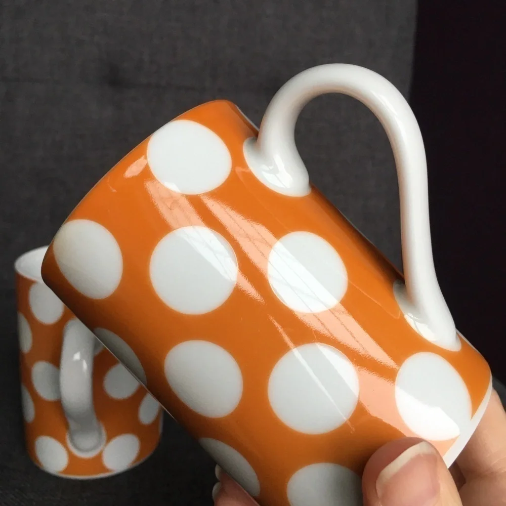 Set/2 Polka Dot Coffee Mugs, Yellow, White, 10 oz